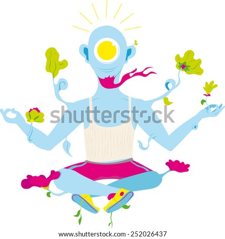one eyed creature floating in Buddha style, with plants growing from his body