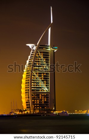 DUBAI - JANUARY 4: Burj al Arab hotel, one of the few 7 stars hotel in the world and one of the most recognized luxury symbol at night on JANUARY 4, 2012 in Dubai, United Arab Emirates