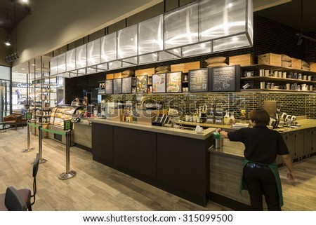 Nonthaburi, Thailand - September 10, 2015: Interior view of STARBUCKS cafe at Central Westgest on SEP 10, 2015. Starbucks is the largest coffeehouse company in the world, with more then 23000 stores