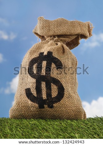 Burlap sack with dollar sign money bag on field