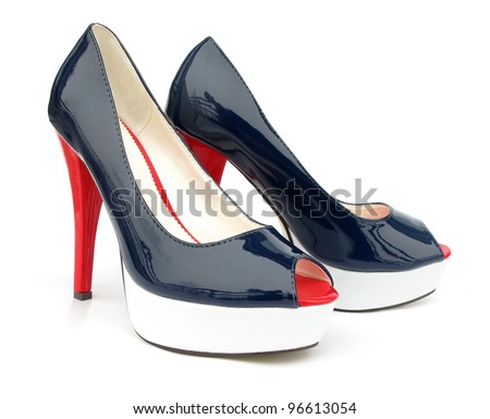 Navy High Heels Shoes on Navy Blue White Red High Heels Open Toe Pump Shoes Stock Photo