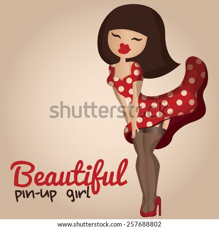 Beautiful cartoon pin up girl wearing red dress
