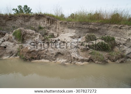 Soil and grass along a stream bank in the Great Plains of the Western USA, erode and fall into the water of creek.