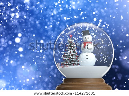 snow globe with snowman and christmas tree inside on a blue snowy defocused background copy space and clipping path