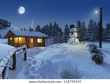 cozy log cottage in a winter scene with snowman, christmas lights and a big moon on the sky