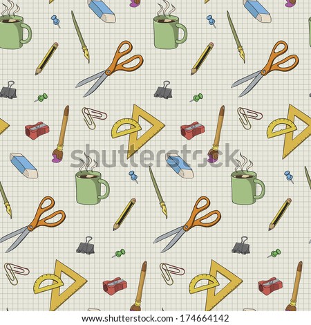 Seamless and tile-able pattern of stationery items on graph paper
