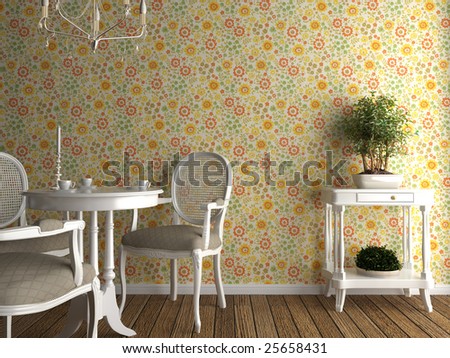 home interior with flowery wallpaper and white furniture