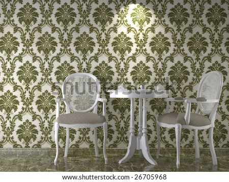 interior design with classic flowery wallpaper in green