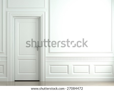 3D scene of a white classic wall with door and moldings 3D scene of a white classic wall with door and moldings