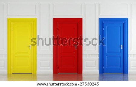 3d scene with three color doors in a wall as concept for choice or luck