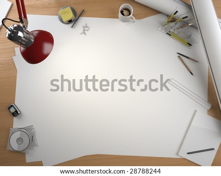 designer drawing table with lots of elements and a centered copy space for your own design