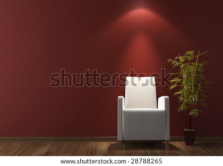 interior design of modern white armchair and plant on bordeaux wall