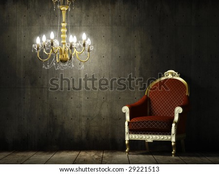 interior scene of grunge concrete room with classic golden armchair and chandelier