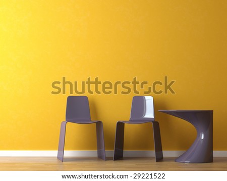 interior design of purple modern plastic chairs and table on orange wall
