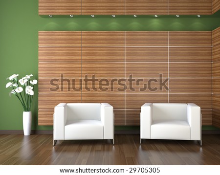 interior design of modern waiting room with wood cladding on green wall