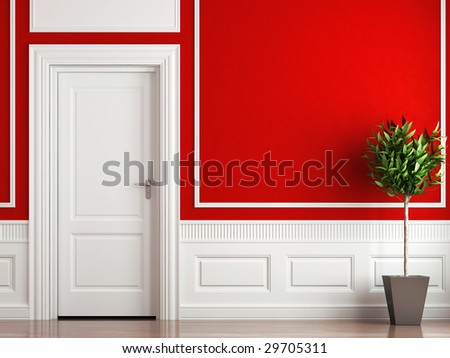 interior design of classic room in red and white colors with plant interior design of classic room in red and white colors with plant
