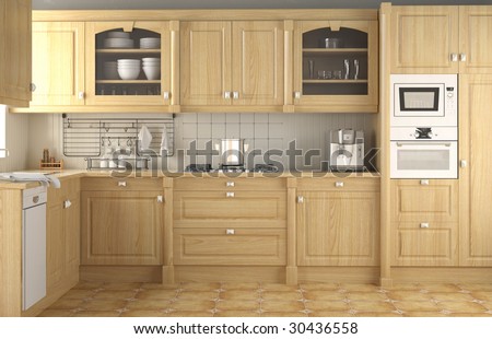 interior design of wood classic kitchen in neutral colors and full equipped