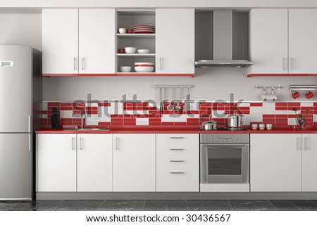 interior design of clean modern red and white kitchen