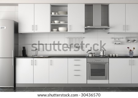 interior design of clean modern white and black kitchen with stainless steel equipment