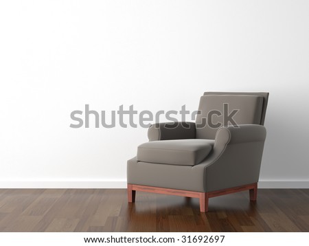 interior design of brown armchair against a white wall with copy space