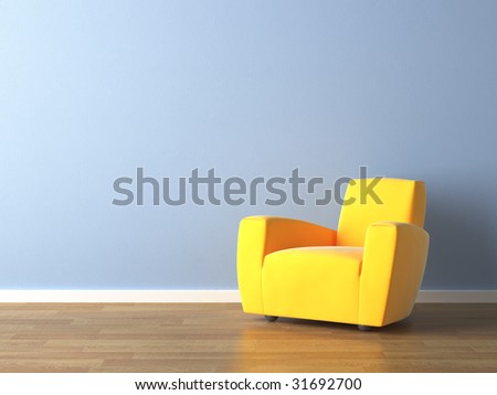 interior design of modern yellow armchair against a blue wall with lots of copy space