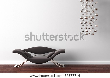 interior design od modern black armchair and hanging lamp on white wall