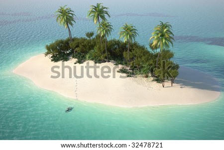 aerial view of a caribbean desert island in a turquoise water with a woman diving as a concept for quiet vacations