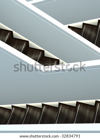 abstract interior architecture shot of three crossing stairways in black and white