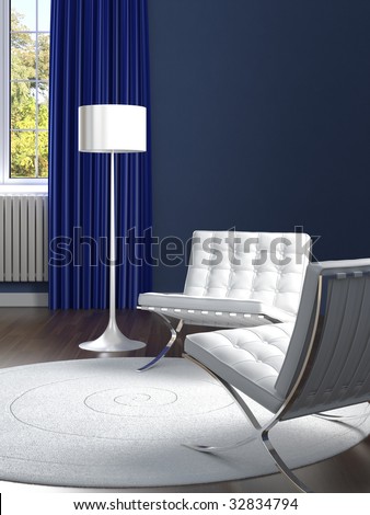 interior design of classic blue room with two white barcelona chairs