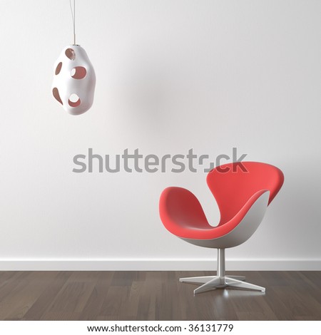 interior design of modern orange armchair and lamp against a white wall with copy scape