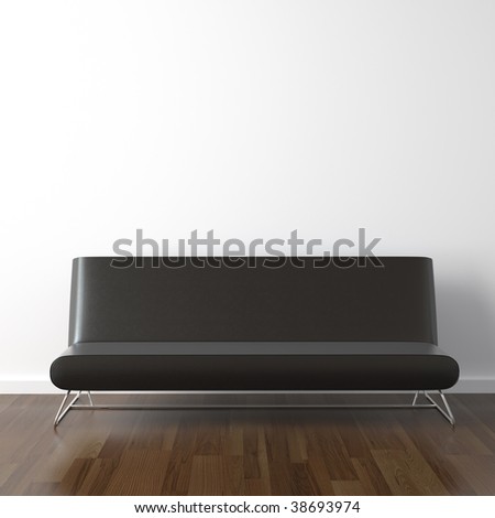 interior design scene with modern black leather couch on white wall
