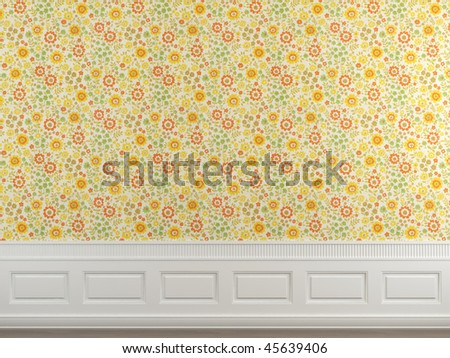 Interior scene of flowery wallpaper and white molding wall with copy space ideal for background use, more images on this series in my portfolio
