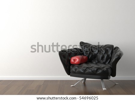 Interior design of a black leather armchair against a white wall with copy space on the top left corner