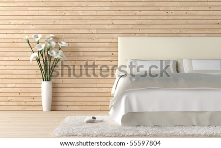 interior design of wooden bedroom with bed and a vase of calla lily flowers