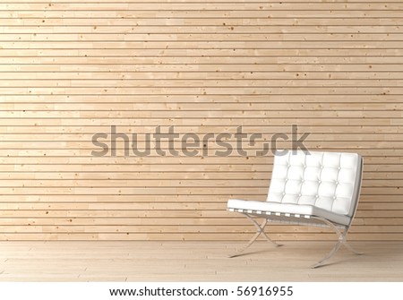 Interior design of wooden wall with white leather chair and copy space on the top left corner