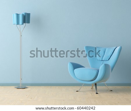 Interior design scene with a modern blue couch and lamp on blue wall