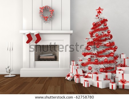 modern home interior with fireplace and christmas tree in white and red colors