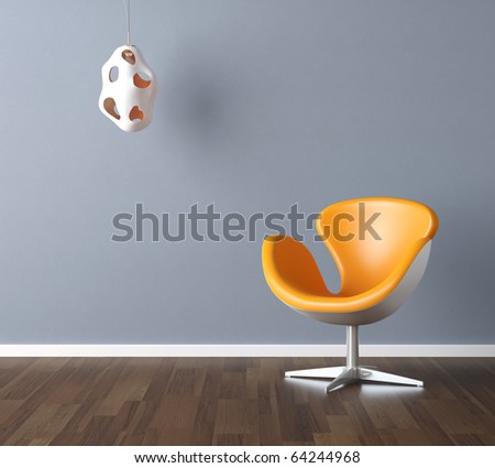 Interior design scene with a modern yellow chair and lamp on pale blue wall, copy space in the wall