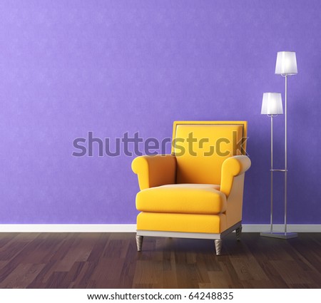 Interior design scene with a modern yellow couch and lamp on violet wall, copy space on the wall