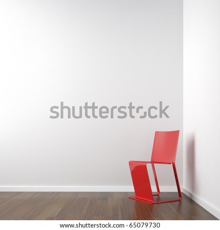 interior scene of clean white corner room with red chair copy space on the wall