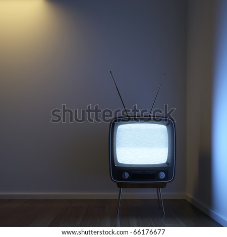 a single retro TV in a corner room showing signal noise with dramatic lighting setup to emphasize the concept of loneliness