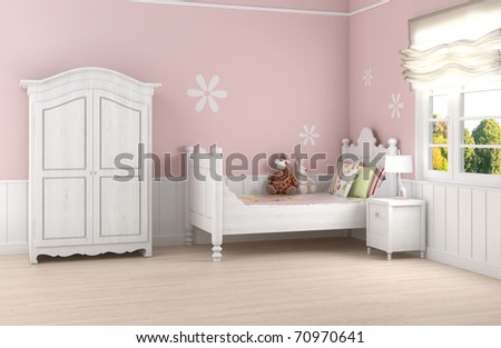 Girl\'s room in pink walls with white bed and wardrobe