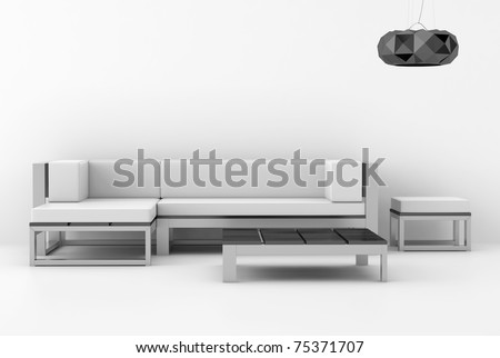 Interior design of a modern white interior with sofa and lamp