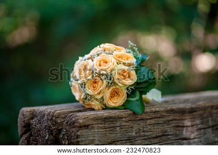 wedding bouquet of flowers on the bench