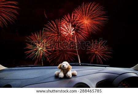 Look out the car window to watch the fireworks show, use as a background.