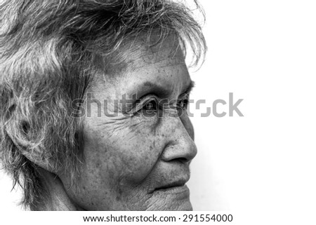 The old woman \'s face, black and white image.