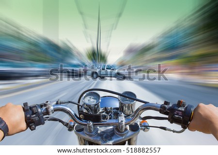 A man riding a motorcycle, motion image of accident will happen as background.
