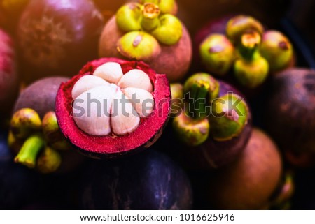 Mangosteen and cross section showing the thick purple skin and white flesh of the queen of friuts, Delicious mangosteen fruit arranged on a bowl, Mangosteen flesh, closeup. Mangosteen.