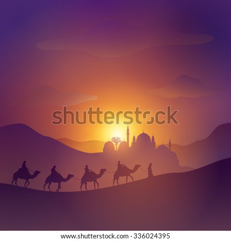 Desert arabic landscape with mosque arabian and camel for islamic banner background