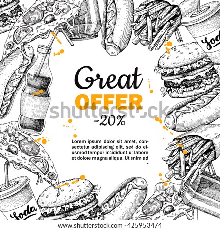 Vector vintage fast food special offer. Hand drawn junk food frame illustration. Soda, hot dog, pizza,  burger and french fries drawing. Great for label, menu, poster, banner, voucher, coupon